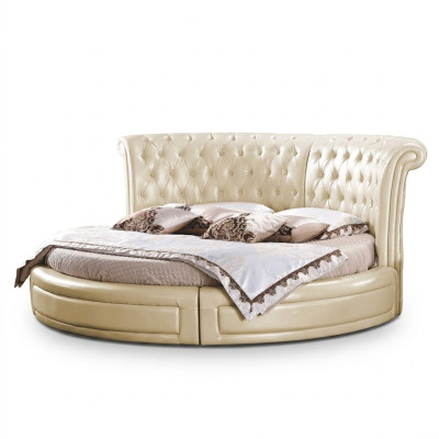 Cama redonda Chesterfield diseño redondo Dormitorio textil Cuero camas acolchadas