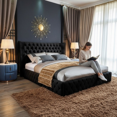 Chesterfield Cama negra Dormitorio Camas Textil Terciopelo Gran Cama Hotel