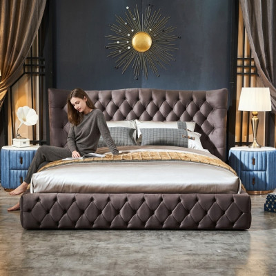 Cama Chesterfield marrón dormitorio textil camas de terciopelo grandes camas de hotel