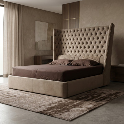 Cama doble Chesterfield de diseño en un hotel de terciopelo con una cama grande inglesa