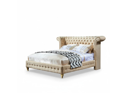 Dormitorio clásico Cama Beige Textil Cuero Acolchado Cama doble 180x200cm
