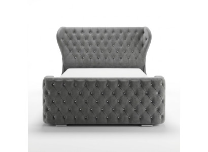 Cama Chesterfield gris. Muebles de diseño para dormitorio, cama tapizada inglesa.