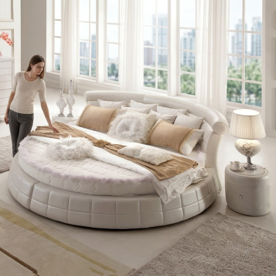 Camas redondas clásicas: cama redonda de diseñador de lujo tapizada en elegante cuero aterciopelado.