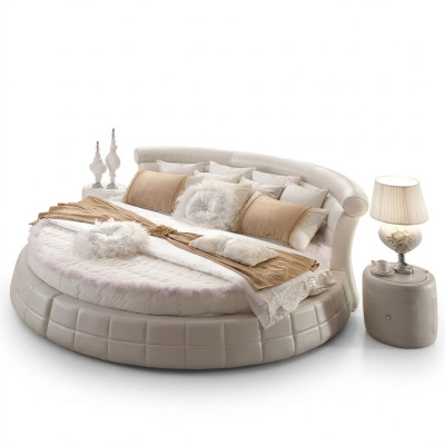 Camas redondas clásicas: cama redonda de diseñador de lujo tapizada en elegante cuero aterciopelado.