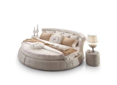 Camas redondas clásicas: cama redonda de diseñador de lujo tapizada en elegante cuero aterciopelado.