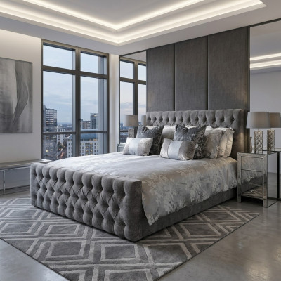 Cama doble Chesterfield gris y elegante, camas de dormitorio de diseñador.