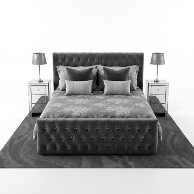 Cama doble Chesterfield gris y elegante, camas de dormitorio de diseñador.