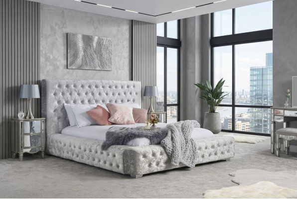 Cama Chesterfield gris con cabecero alto cama doble de diseño