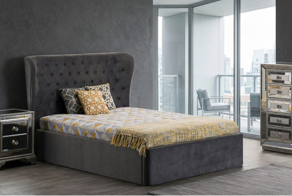 Cama de diseño Chesterfield 180x200cm en gris, camas de dormitorio de hotel de lujo tapizadas.