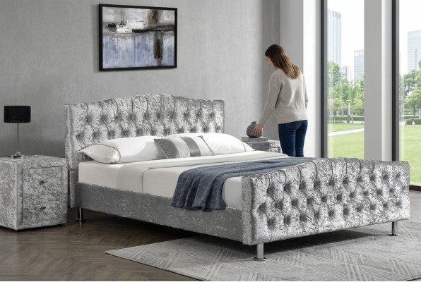 Sofá Chesterfield cama doble de lujo gris dormitorio camas de diseñador.