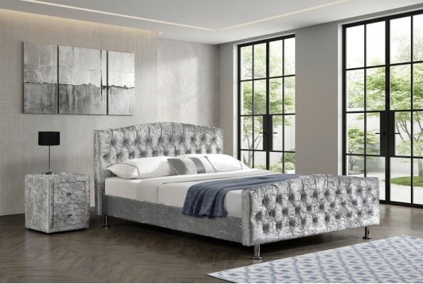 Sofá Chesterfield cama doble de lujo gris dormitorio camas de diseñador.