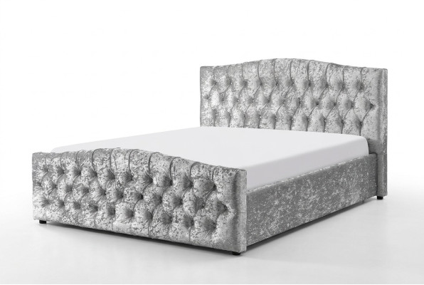 Moderna cama doble de lujo Chesterfield gris, diseñada para dormitorios.