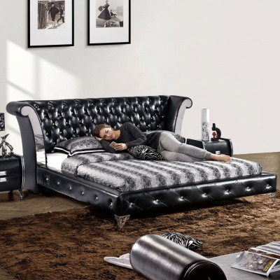 Acero inoxidable de lujo cama de cuero Chesterfield capitoné cama doble diseño camas hotel
