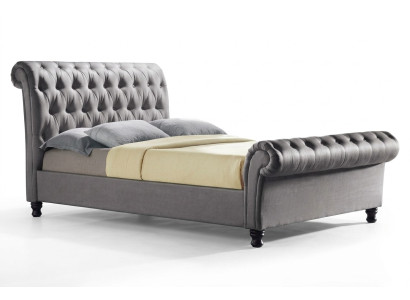 Cama doble de cuero Chesterfield gris para dormitorio, cama de lujo de diseñador tapizada.