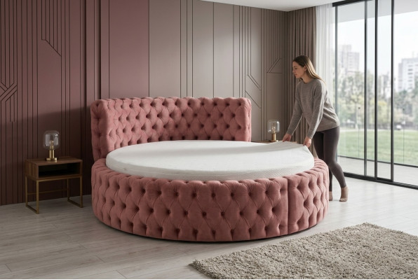 Cama redonda de terciopelo Chesterfield, lujo, acolchada, cama redonda, tela de hotel de lujo nueva.