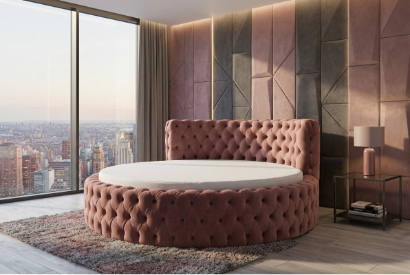 Cama redonda de terciopelo Chesterfield, lujo, acolchada, cama redonda, tela de hotel de lujo nueva.