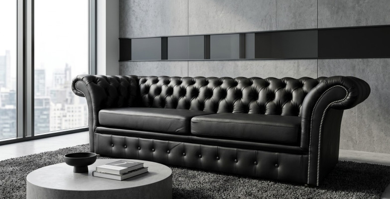 Elegante sofá Chesterfield, sofá diseñador, conjunto de tapizados decorativos.