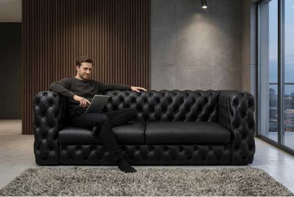 Sofá de tres plazas Chesterfield negro, diseñador de lujo.