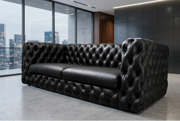 Sofá de tres plazas Chesterfield negro, diseñador de lujo.