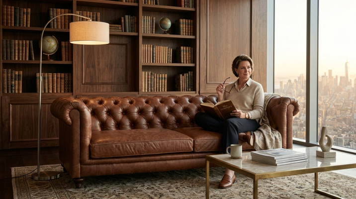 Sofá Chesterfield de tela y cuero con tapizado de sofá de tres plazas.