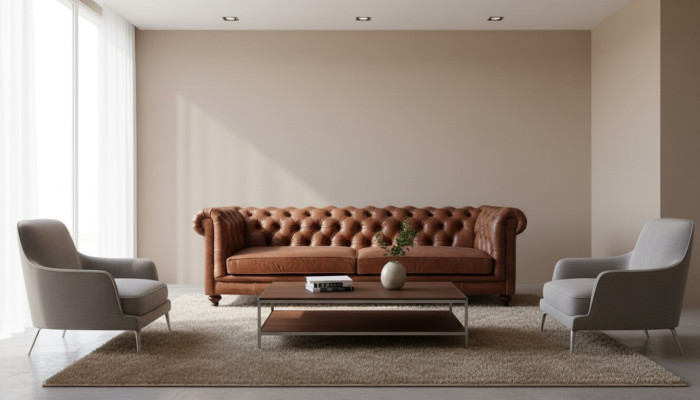 Sofá Chesterfield de tela y cuero con tapizado de sofá de tres plazas.