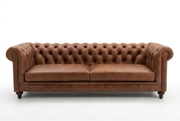 Sofá Chesterfield de tela y cuero con tapizado de sofá de tres plazas.