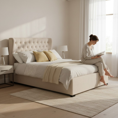Diseño Chesterfield cama doble cama inglesa de tapicería beige 160/180x200