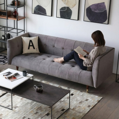 Moderno Sofá Chesterfield Gris de 3 Plazas de Lujo para Sala de Estar