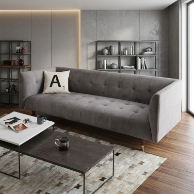 Moderno Sofá Chesterfield Gris de 3 Plazas de Lujo para Sala de Estar
