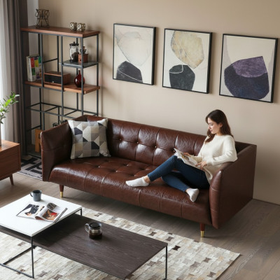 Sofá de cuero Chesterfield de lujo de 3 plazas marrón.