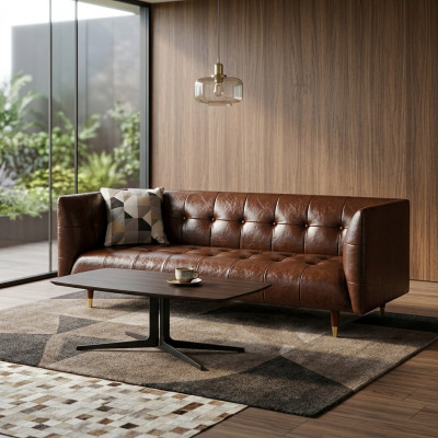 Sofá de cuero Chesterfield de lujo de 3 plazas marrón.