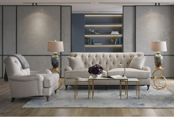 Chesterfield Sofá de lujo Sofá Tapizado Conjunto de tela de asientos 3+1 Sofás