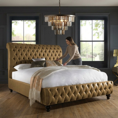 Oro Lujo Tela de Terciopelo Inglaterra Cama Doble Diseño Chesterfield 160x200cm Bed  