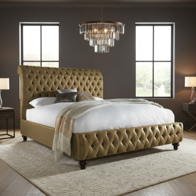 Oro Lujo Tela de Terciopelo Inglaterra Cama Doble Diseño Chesterfield 160x200cm Bed  