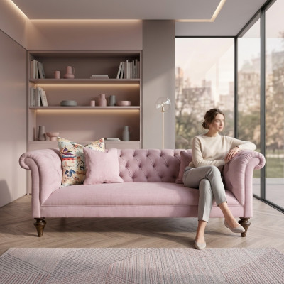 Chesterfield Sofá de diseño tapizado en tela de lujo. Sofá clásico de 3 plazas nuevo.