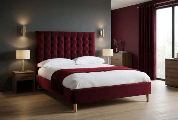 Rojo de lujo de terciopelo textil cama doble diseño Chesterfield 180x200cm camas nuevas