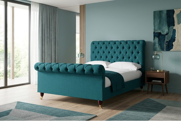 Cama doble Chesterfield de gasa de color turquesa, camas tapizadas de diseño para dormitorio.