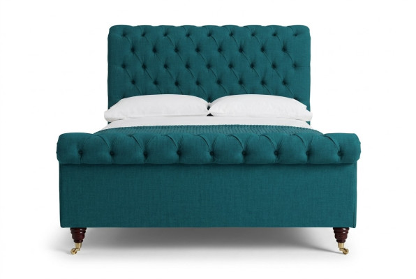 Cama doble Chesterfield de gasa de color turquesa, camas tapizadas de diseño para dormitorio.