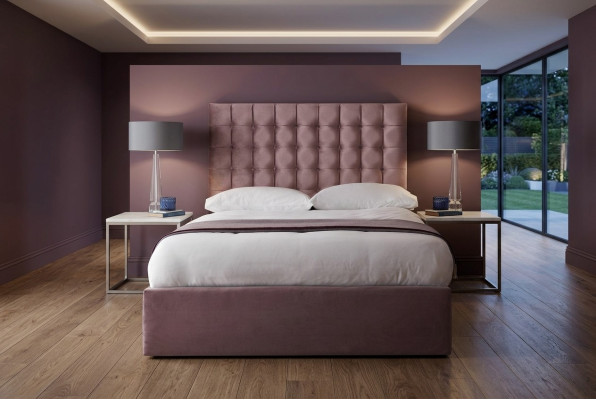 Cama Chesterfield doble de diseñador rosa, cama de dormitorio de diseñador.