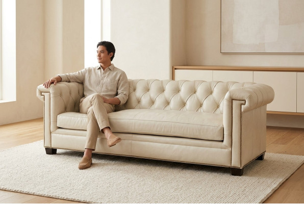 Chesterfield Sofá de lujo tapizado de cuero 3+2+1 asientos