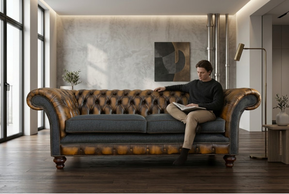 Diseño Chesterfield Sofá 3 Juego de Sofás Tela Acolchado Cuero Sofá de tres plazas