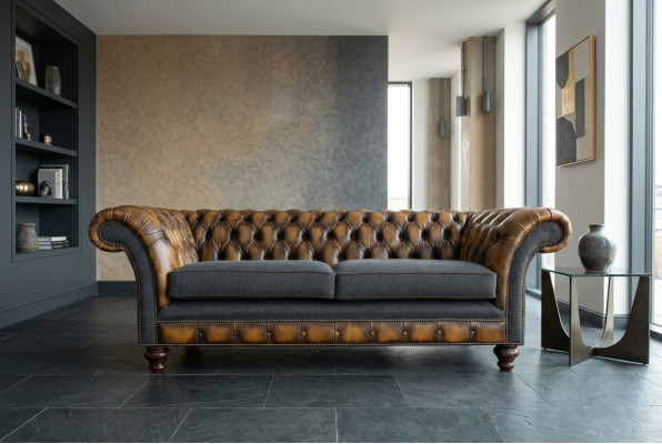 Diseño Chesterfield Sofá 3 Juego de Sofás Tela Acolchado Cuero Sofá de tres plazas