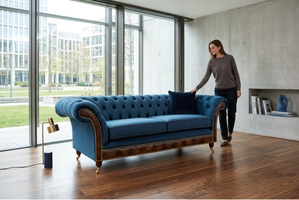Sofá de tela Chesterfield azul, sofá, sofás, asientos, sofás, tapicería textil, nuevo