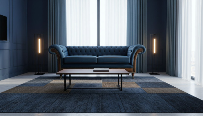 Sofá de tela Chesterfield azul, sofá, sofás, asientos, sofás, tapicería textil, nuevo