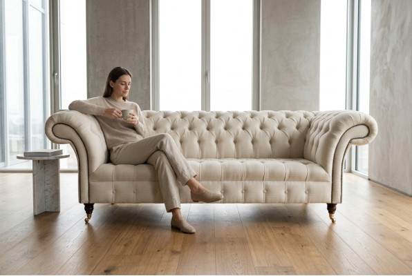 Sofá Chesterfield moderno beige de 3 plazas para sala de estar.