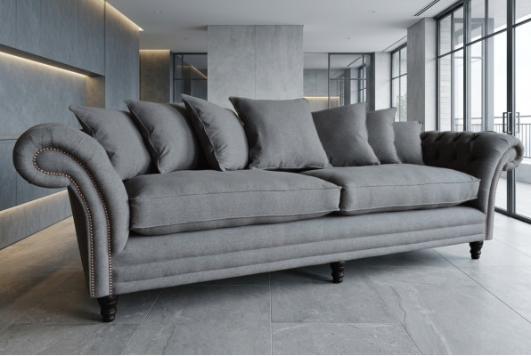 Sofá Chesterfield clásico de 4 plazas en terciopelo gris de 265 cm de diseño de cuero.