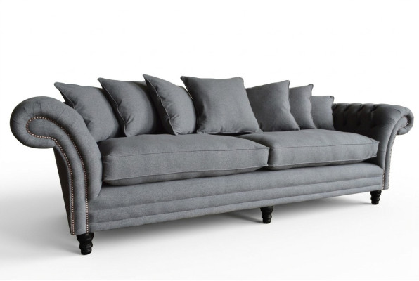 Sofá Chesterfield clásico de 4 plazas en terciopelo gris de 265 cm de diseño de cuero.