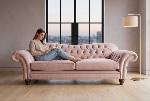 Sofá Chesterfield clásico de 4 plazas en terciopelo y cuero en diseño rosa de 240 cm.