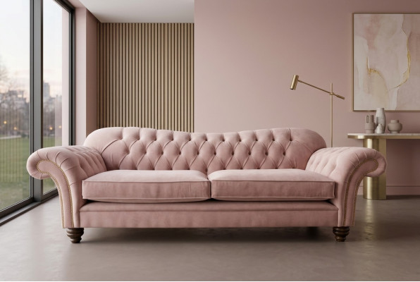 Sofá Chesterfield clásico de 4 plazas en terciopelo y cuero en diseño rosa de 240 cm.