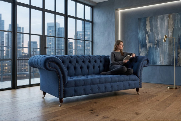 Texto Chesterfield de tela azul de 4 plazas, sofá tapizado de diseñador.